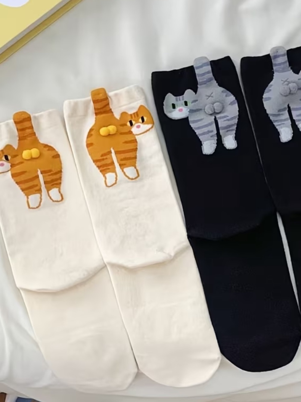 Cat Butt Pom Pom Socks – Pick Black or Ivory
